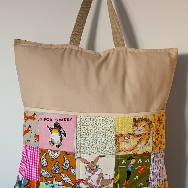 Child's Travel Pillow Tote, Patchwork Book Cushion with Pocket