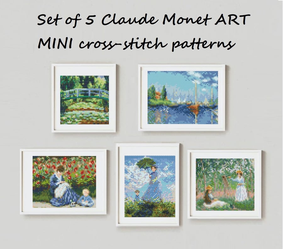 Set of 5 Claude Monet Art Mini Cross stitch patterns PDF chart