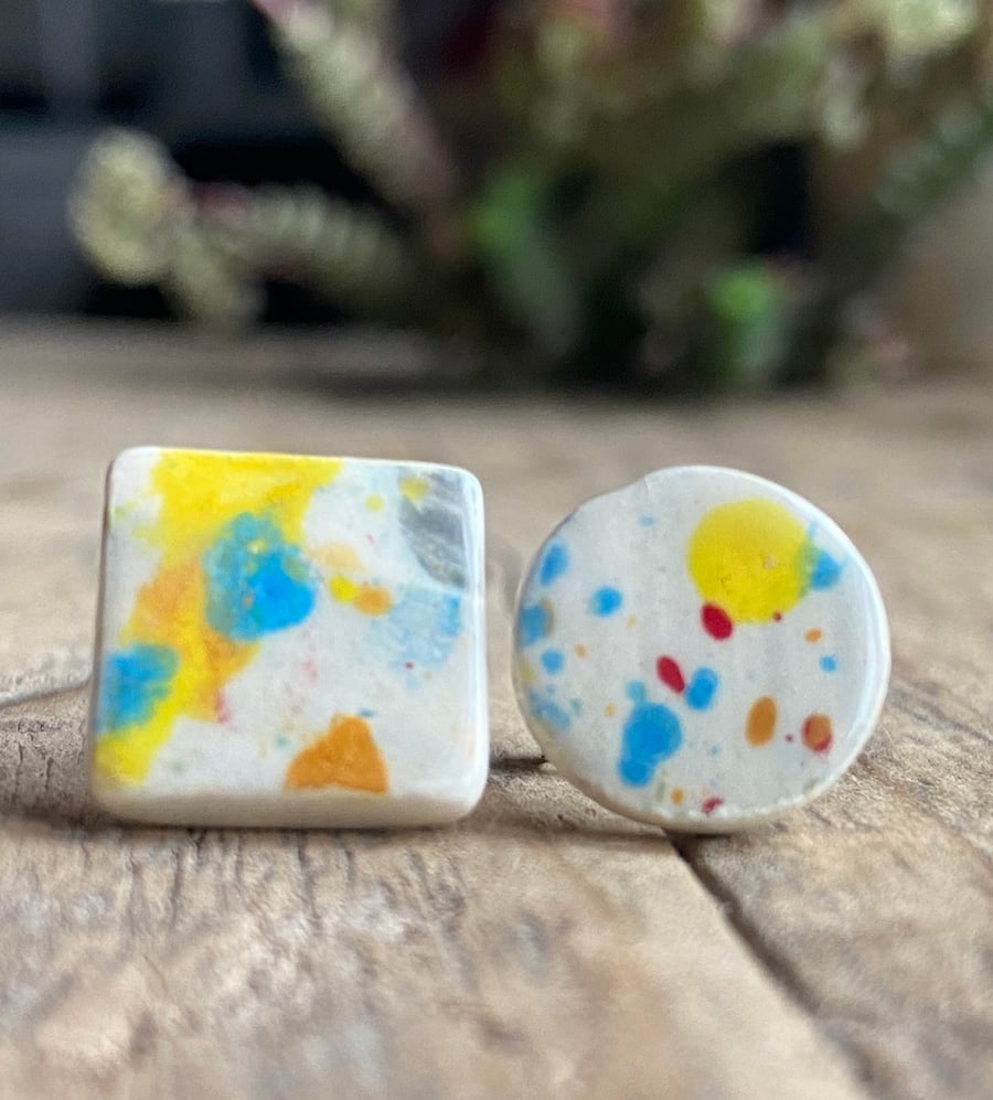 Handmade Ceramic Sterling Silver Mismatched  Stud Earrings