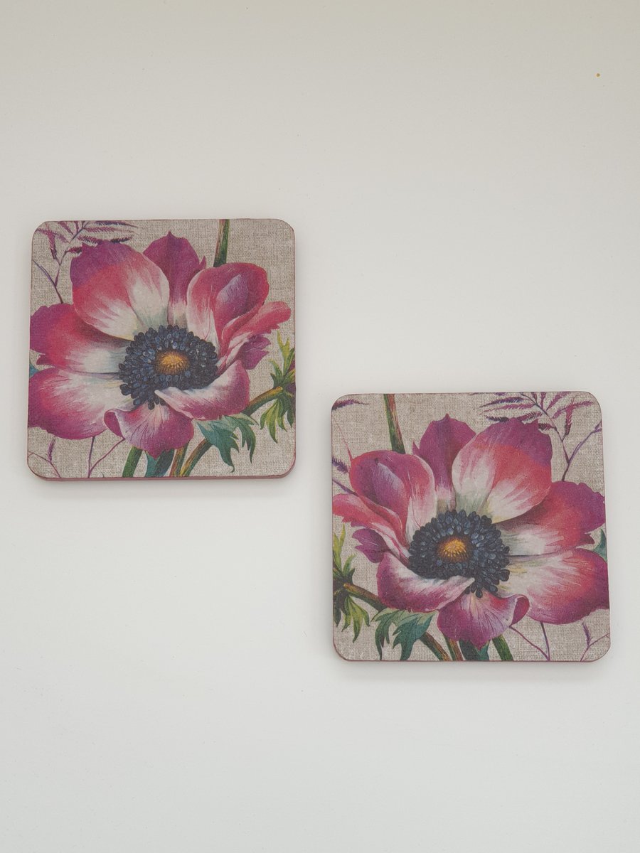 poppy coasters decoupaged set of 2