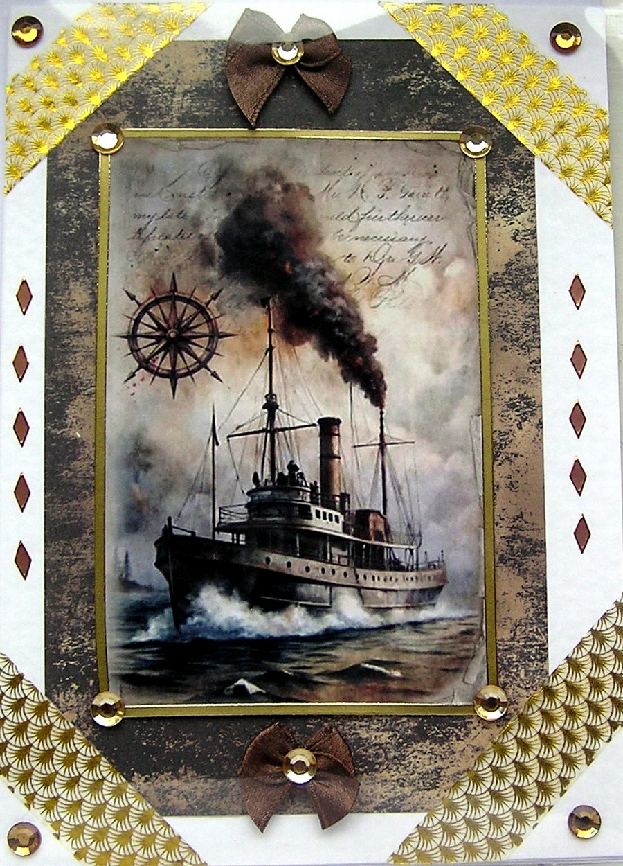 Steam Ship Boat - Hand Crafted Decoupage Greeting Card - Blank - 3063