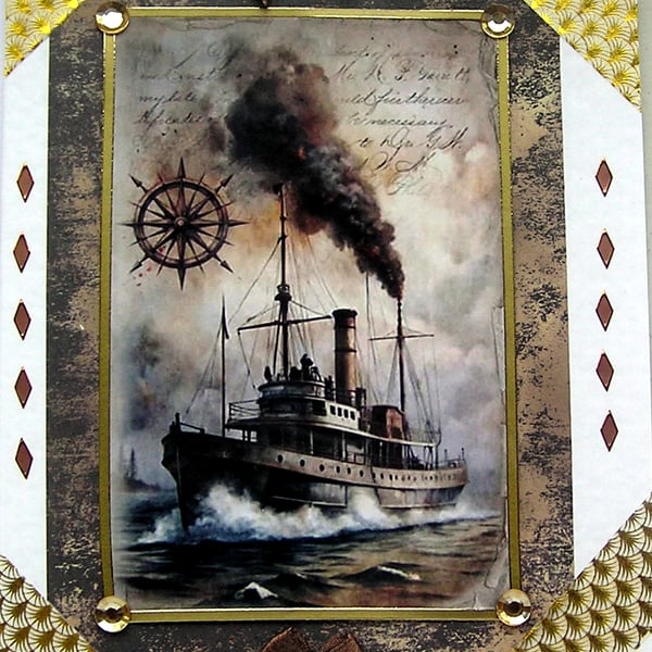 Steam Ship Boat - Hand Crafted Decoupage Greeting Card - Blank - 3063