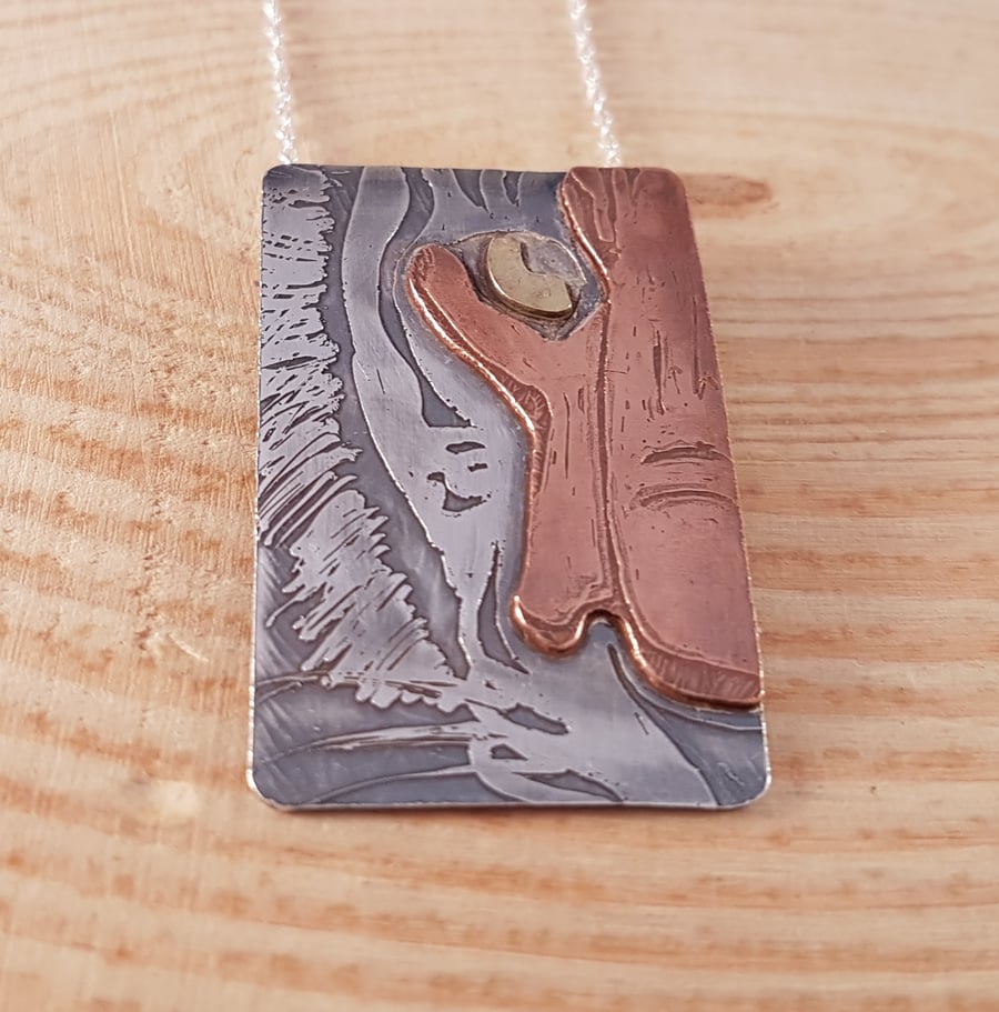 Sterling Silver, Copper and Brass Etched Half Tiger Face Necklace