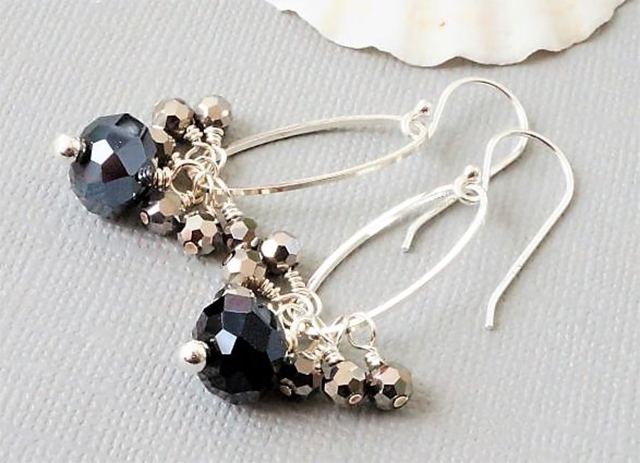 Long sparkly silver grey and black crystal cluster earrings