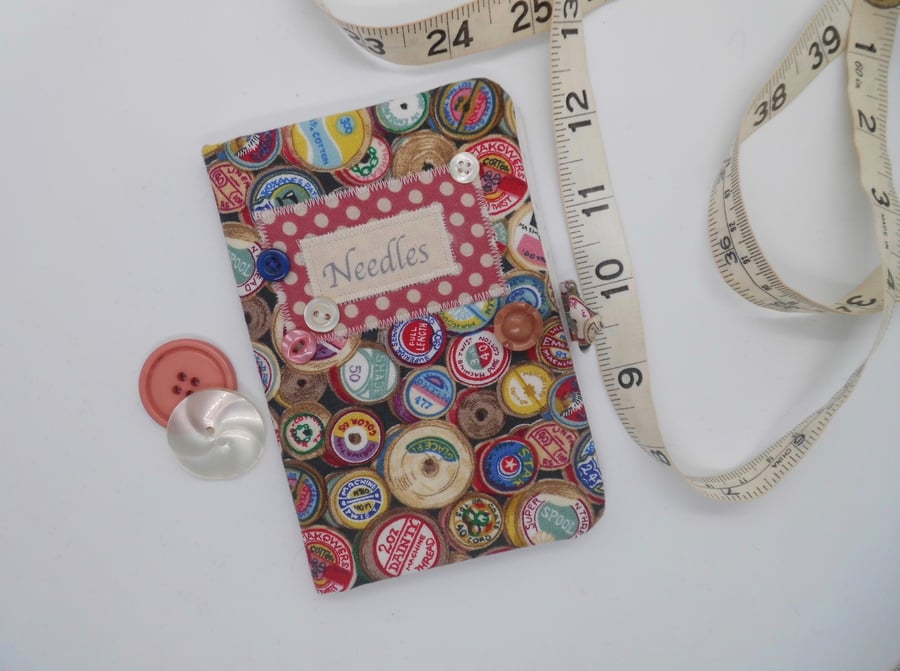 SOLD Sewing needle case in cotton reel theme fabric vintage style