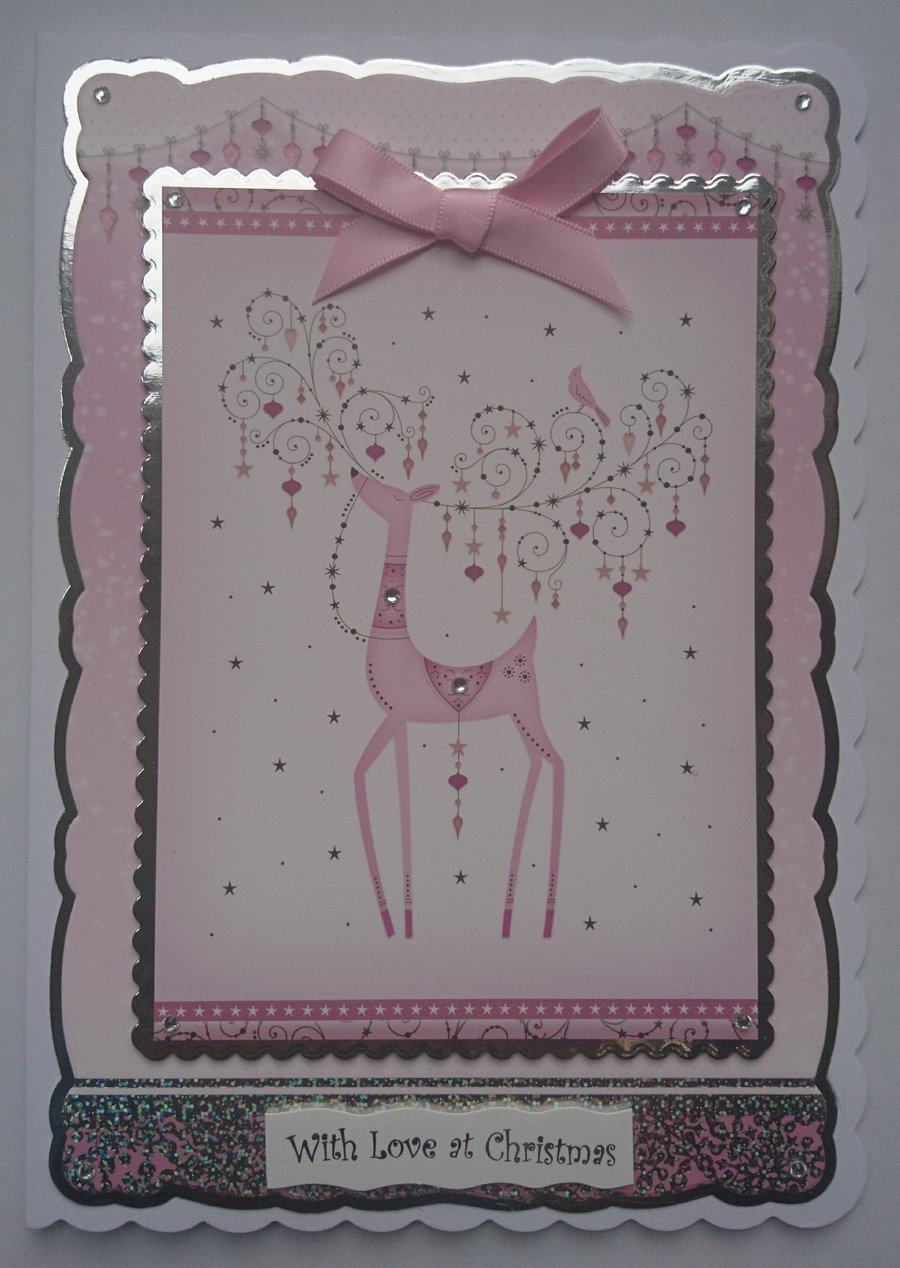 Christmas Card Ornate Pink Reindeer with Baubles and Love