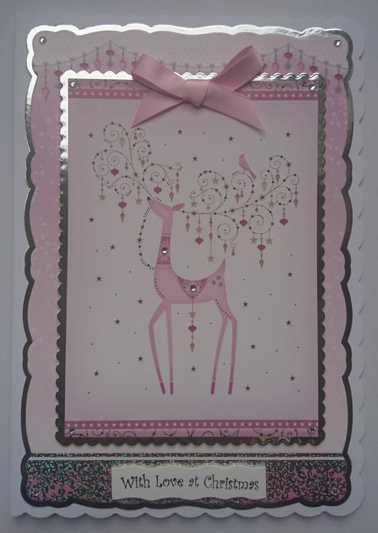 Christmas Card Ornate Pink Reindeer with Baubles and Love