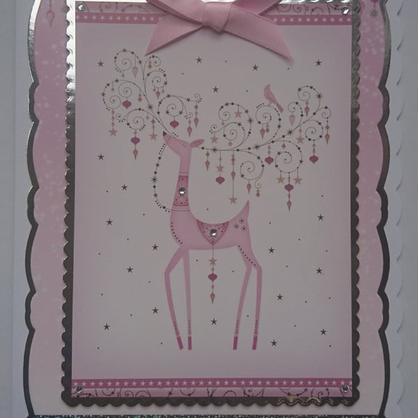 Christmas Card Ornate Pink Reindeer with Baubles and Love