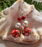 Floral Polymer Clay Beads, Red Coral & Shell Pearl Silver Plate Earrings - Image 3