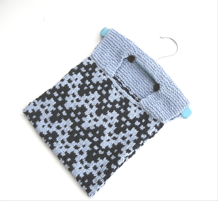 Cotton Peg Bag , hand knitted in navy and light blue chevrons 