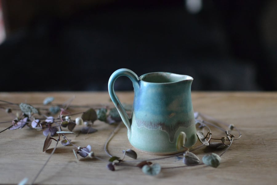 Small Ceramic Skyline jug - Decorated with green & pale turquoise glaze