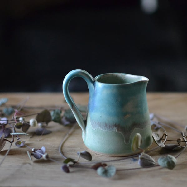 Small Ceramic Skyline jug - Decorated with green & pale turquoise glaze