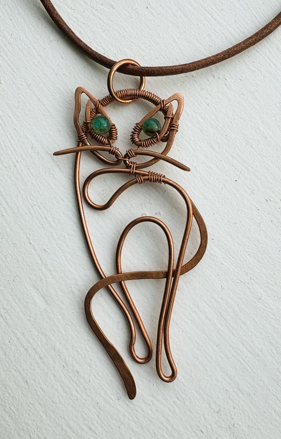 Antique copper Cat pendant with Apatite stones