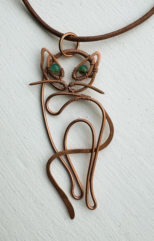 Antique copper Cat pendant with Apatite stones