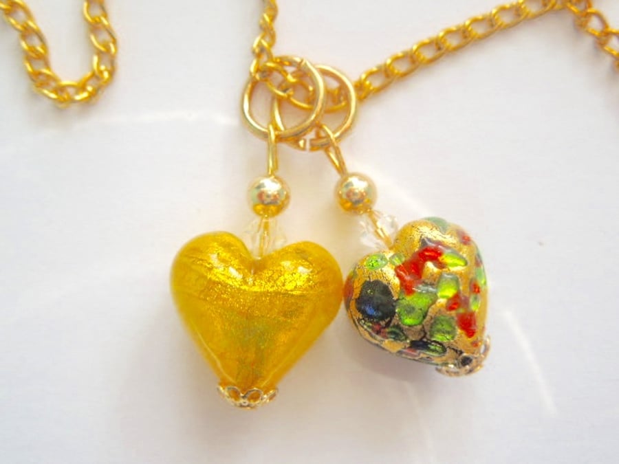 Murano glass gold double heart pendant with Swarovski and gold chain.