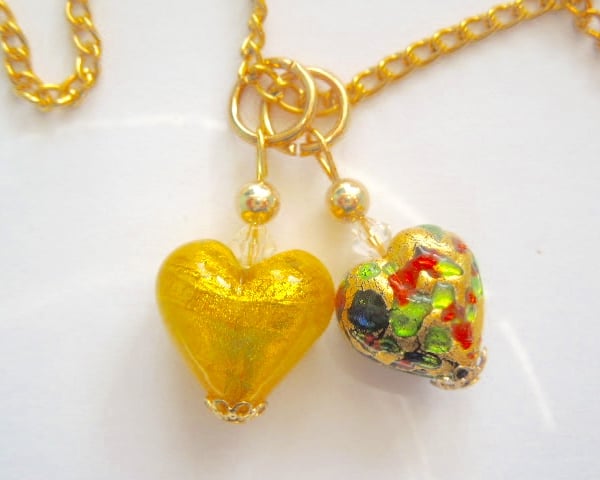 Murano glass gold double heart pendant with Swarovski and gold chain.