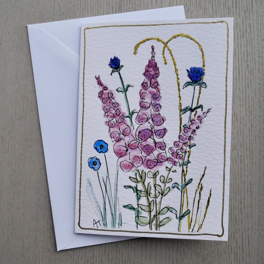Wild Foxgloves Blank Greetings card - Hand Drawn and Painted in Watercolour