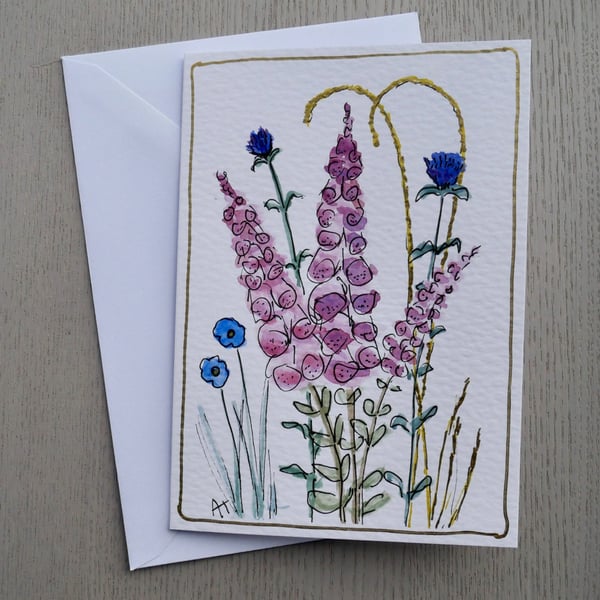 Wild Foxgloves Blank Greetings card - Hand Drawn and Painted in Watercolour