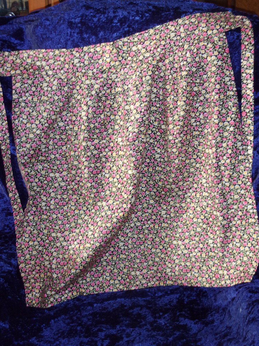 REDUCED PRICE Half Apron with Pink and Yellow Flowers on a Black Background