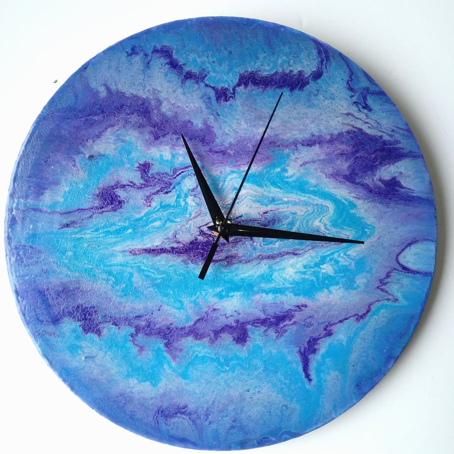 "Azure Serenity" Unique Hand-painted Handcrafted Clock Abstract Wall Art 