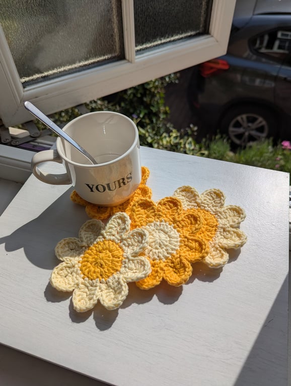 Crochet Coasters - Sunshine Yellow flowers 