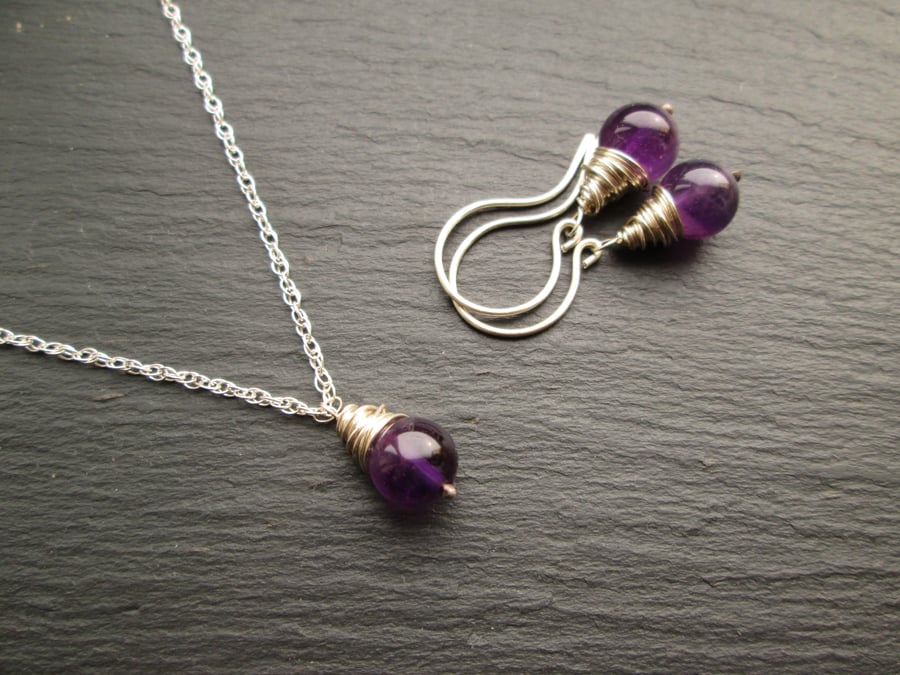Amethyst and Silver Jewellery Set - Necklace and Earrings