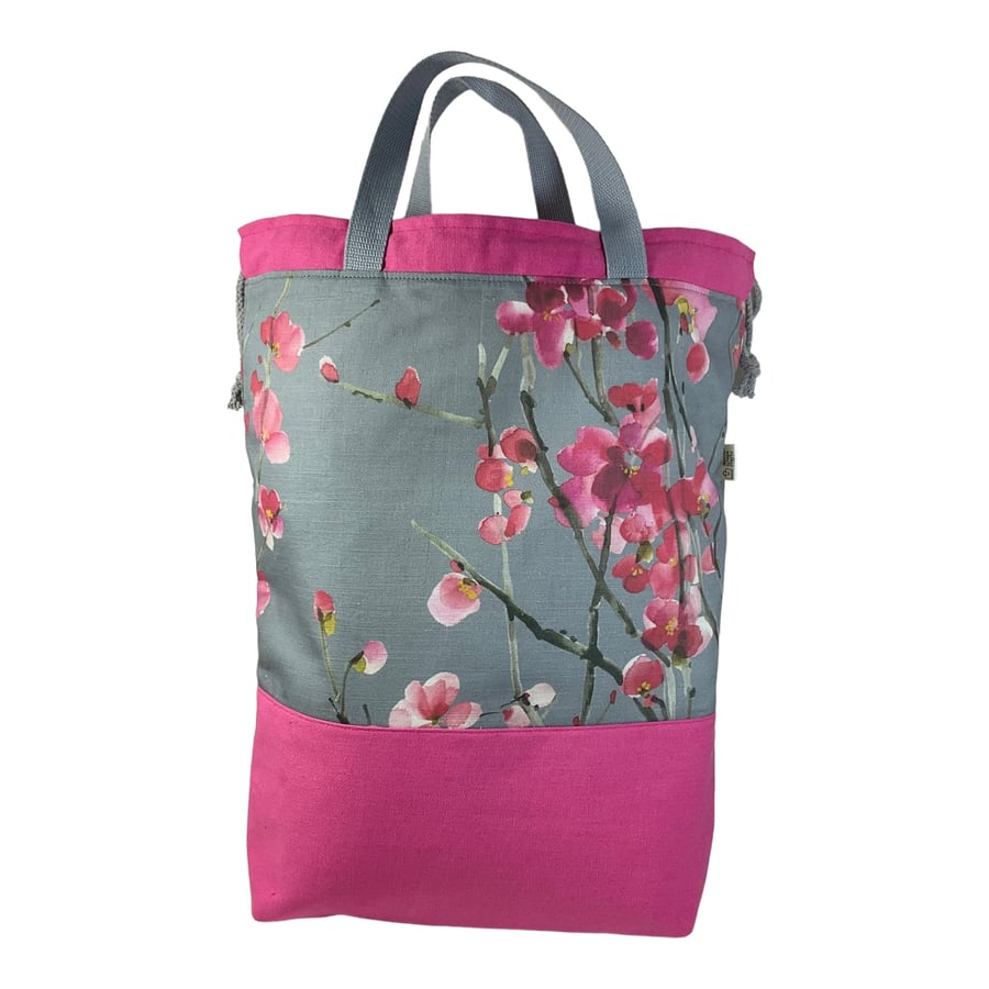 XXL drawstring knitting bag with floral Cherry blossom print