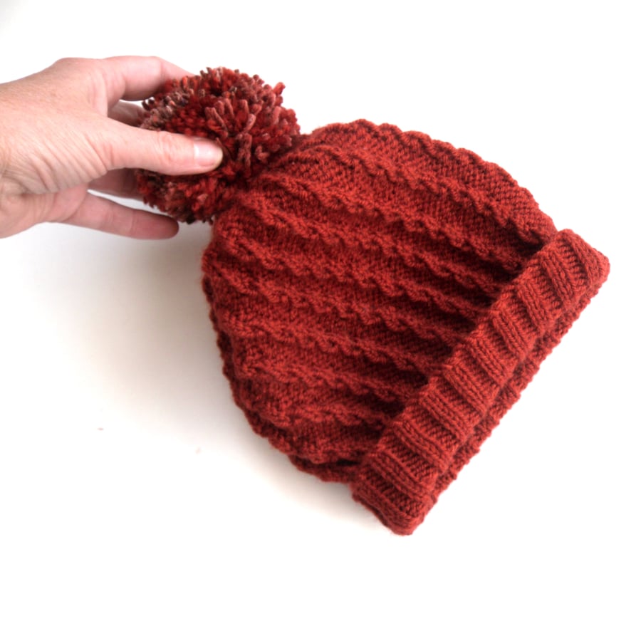 Rust Red hand knit hat 