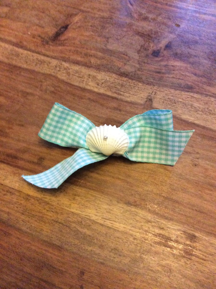Turquoise gingham bow hair clip with shell and bead