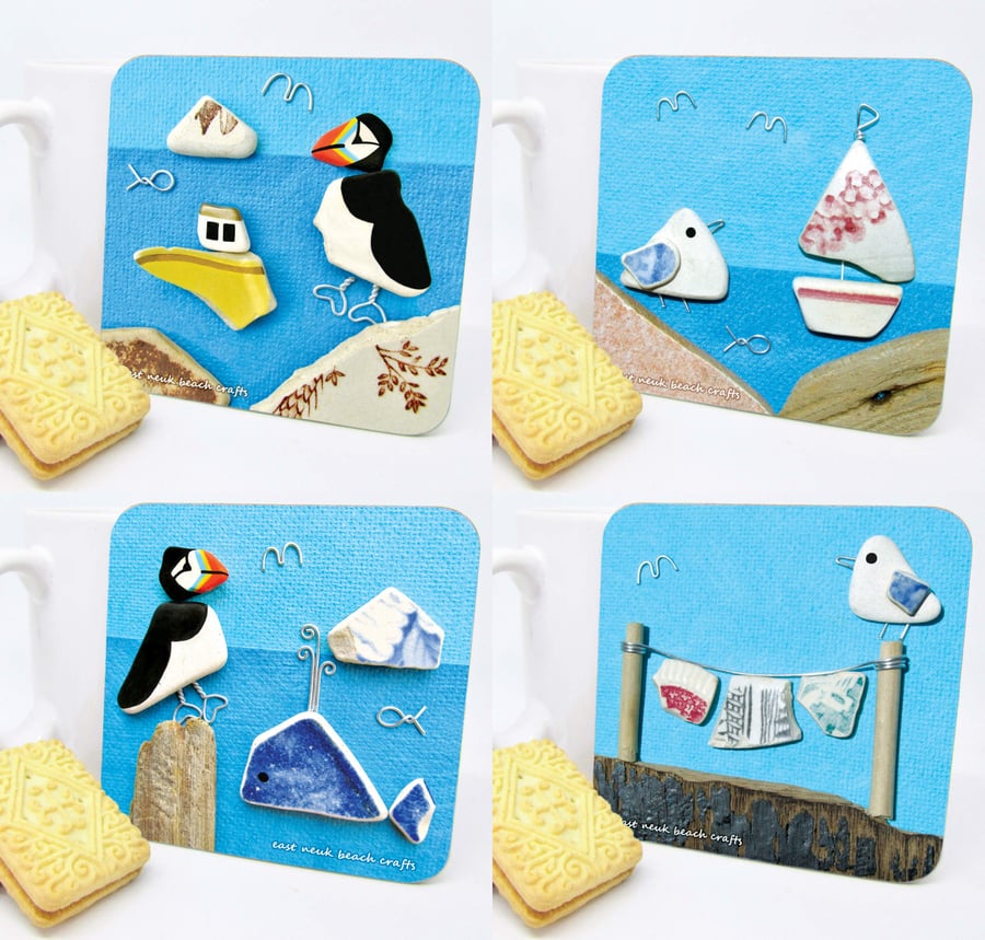 4 x Beach Seaside Drinks Coasters - Seagull, Puffin, Boat, Whale. Pebble Art