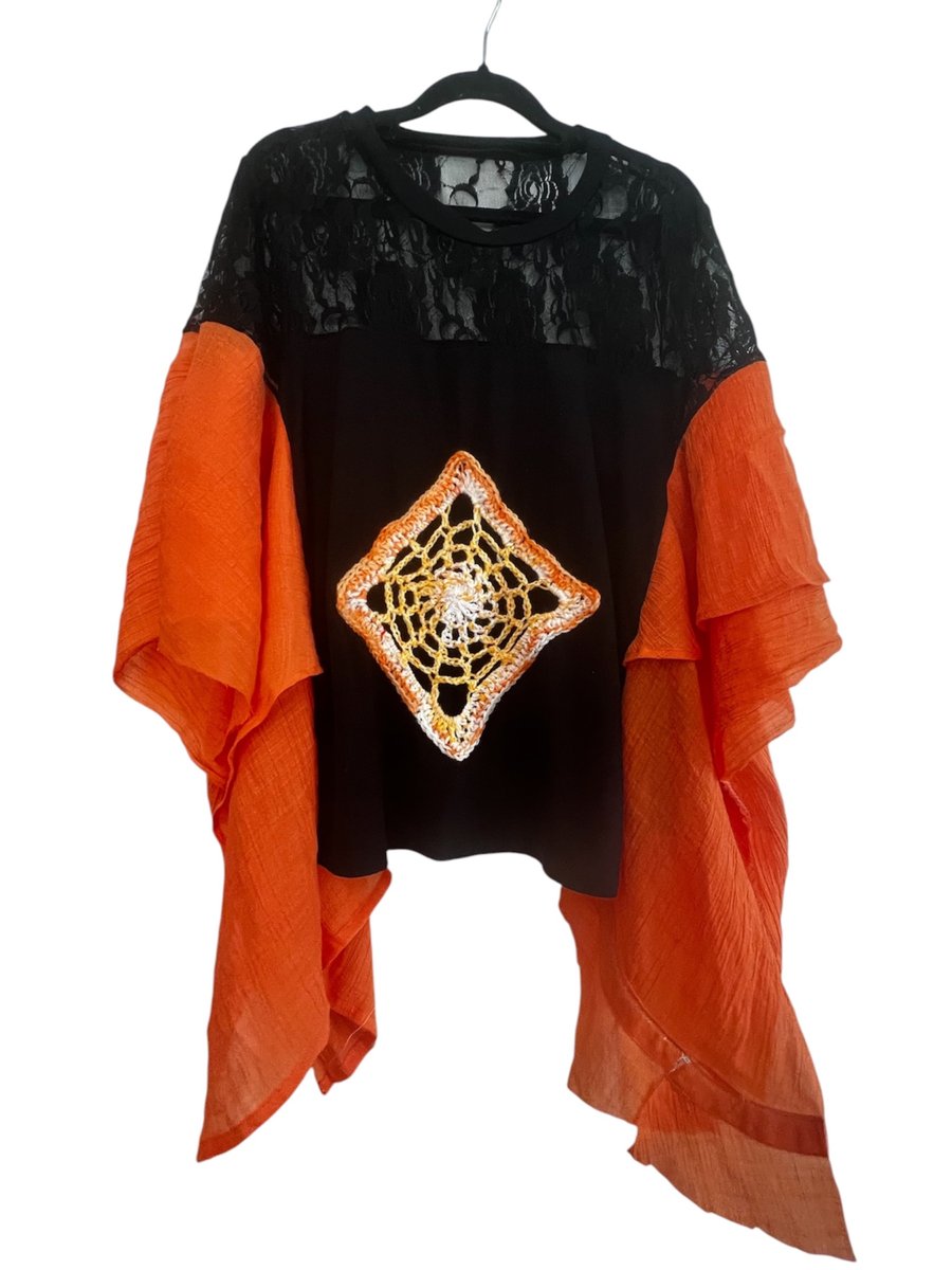 Upcycled Goth Boho Halloween Top with SpiderWeb Granny Square