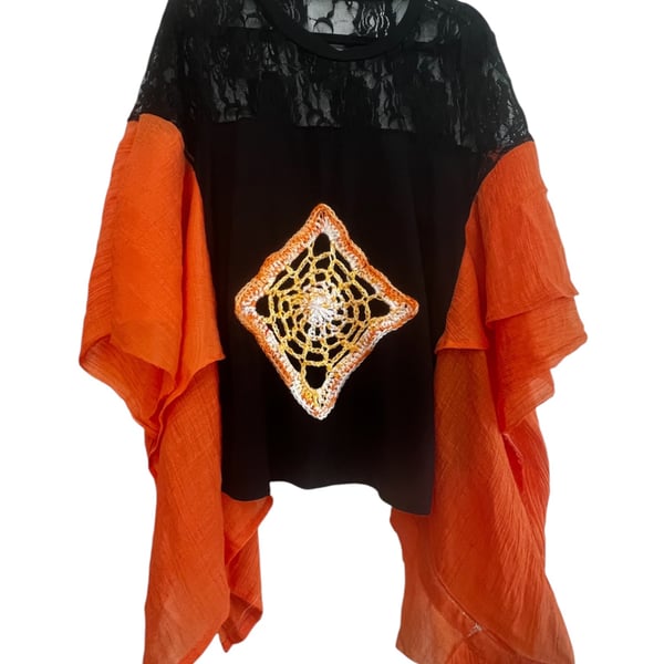 Upcycled Goth Boho Halloween Top with SpiderWeb Granny Square