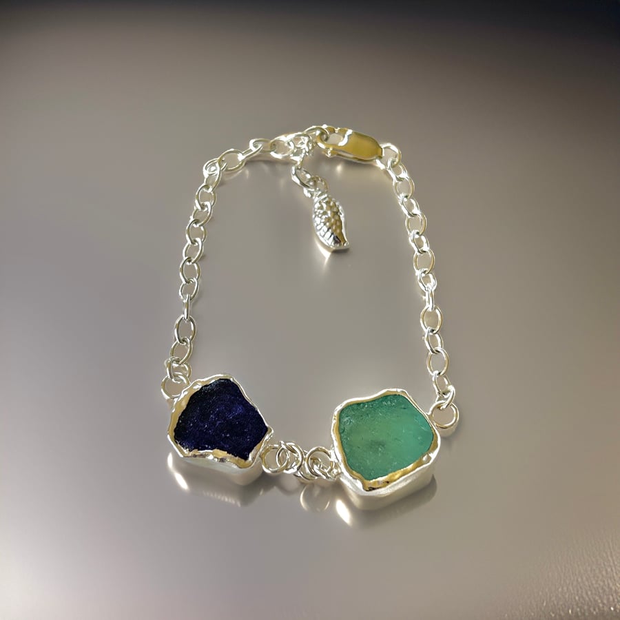 Duo Sea Glass Silver Chain Bracelet