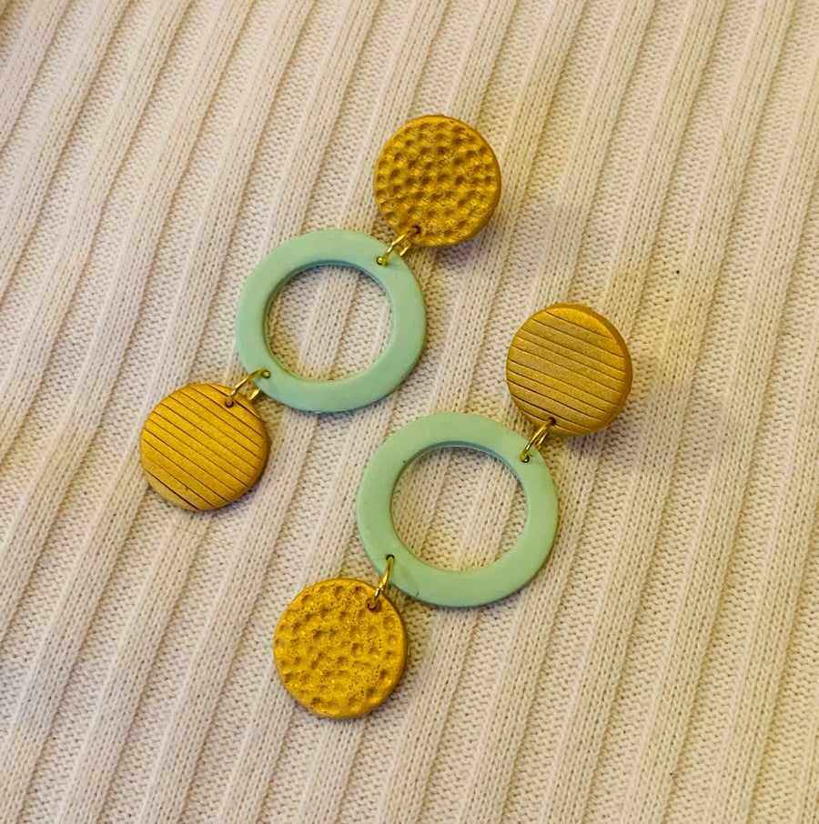 Unique polymer clay lightweight gold green dangle earrings