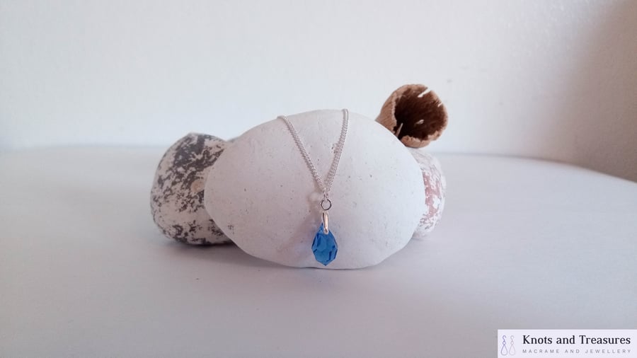 Preciosa Sapphire Blue Crystal Drop Pendant Sterling Silver Necklace