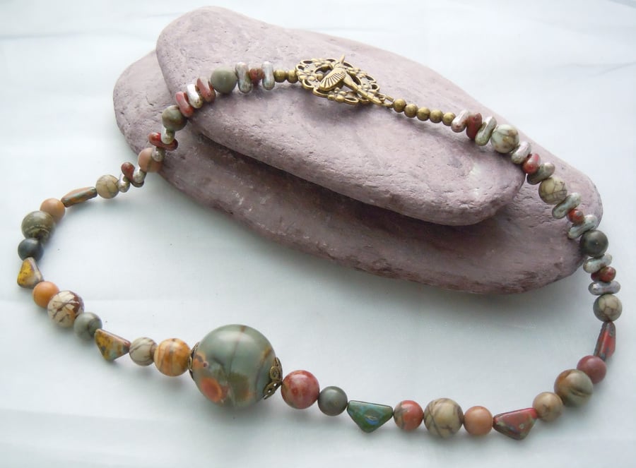 Picture Jasper & Czech glass bead necklace