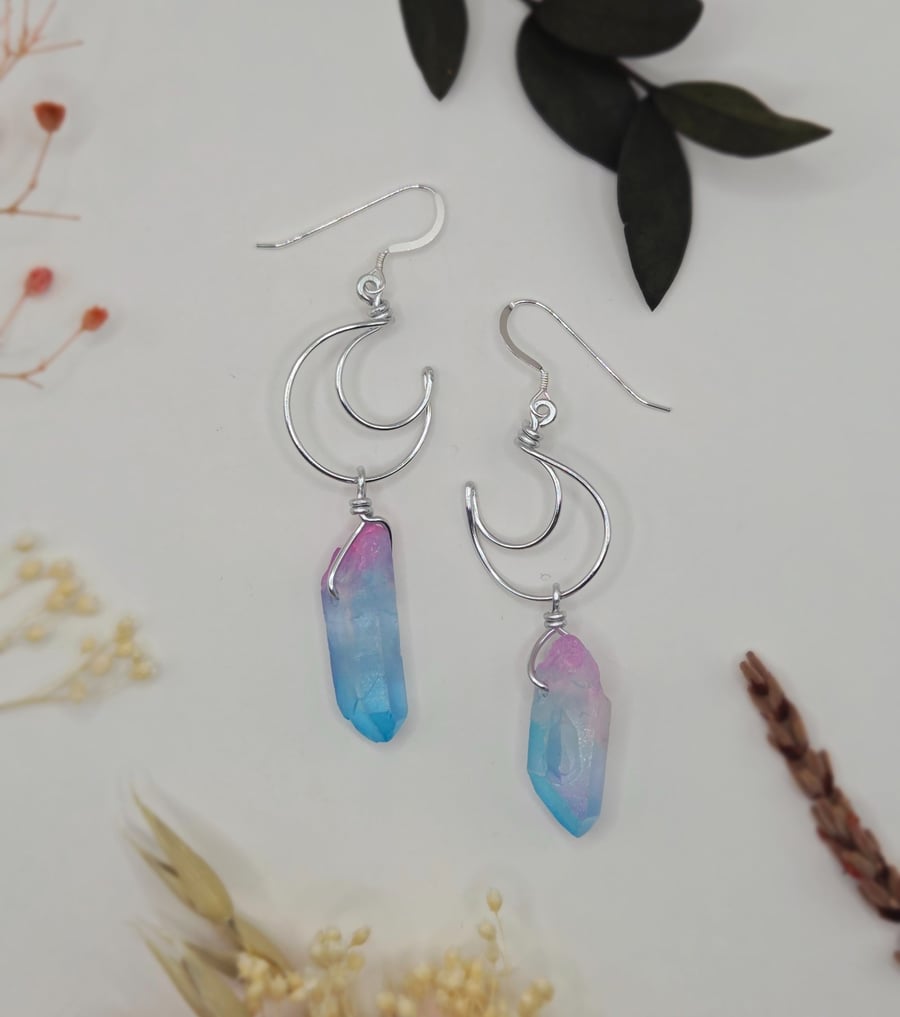 Silver crescent moon wire dangle earrings, with blue pink raw quartz points