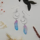Silver crescent moon wire dangle earrings, with blue pink raw quartz points