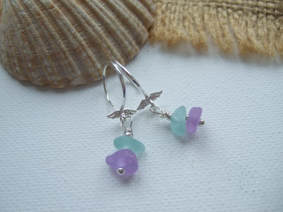 Purple sea glass earring, Neodymium Sea Foam heart studs, Spanish color changing