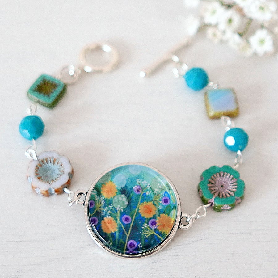 Turquoise Bracelet, Flower Bracelet, Check Glass Jewellery
