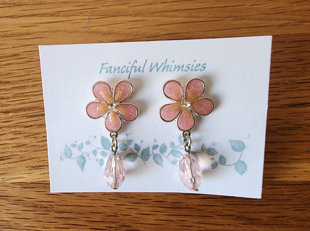 Pretty Pink Flower and Crystal Drop Bead Stud Earrings
