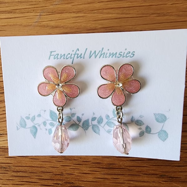 Pretty Pink Flower and Crystal Drop Bead Stud Earrings
