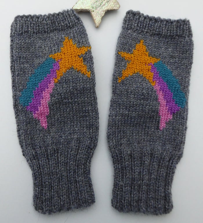 Shooting Star Wrist Warmers, Knitted Fingerless Gloves, Celestial Winter Gift