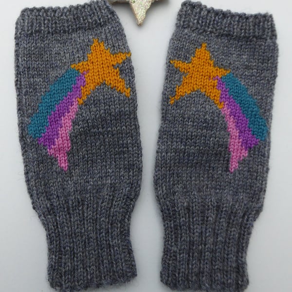 Shooting Star Wrist Warmers, Knitted Fingerless Gloves, Celestial Winter Gift