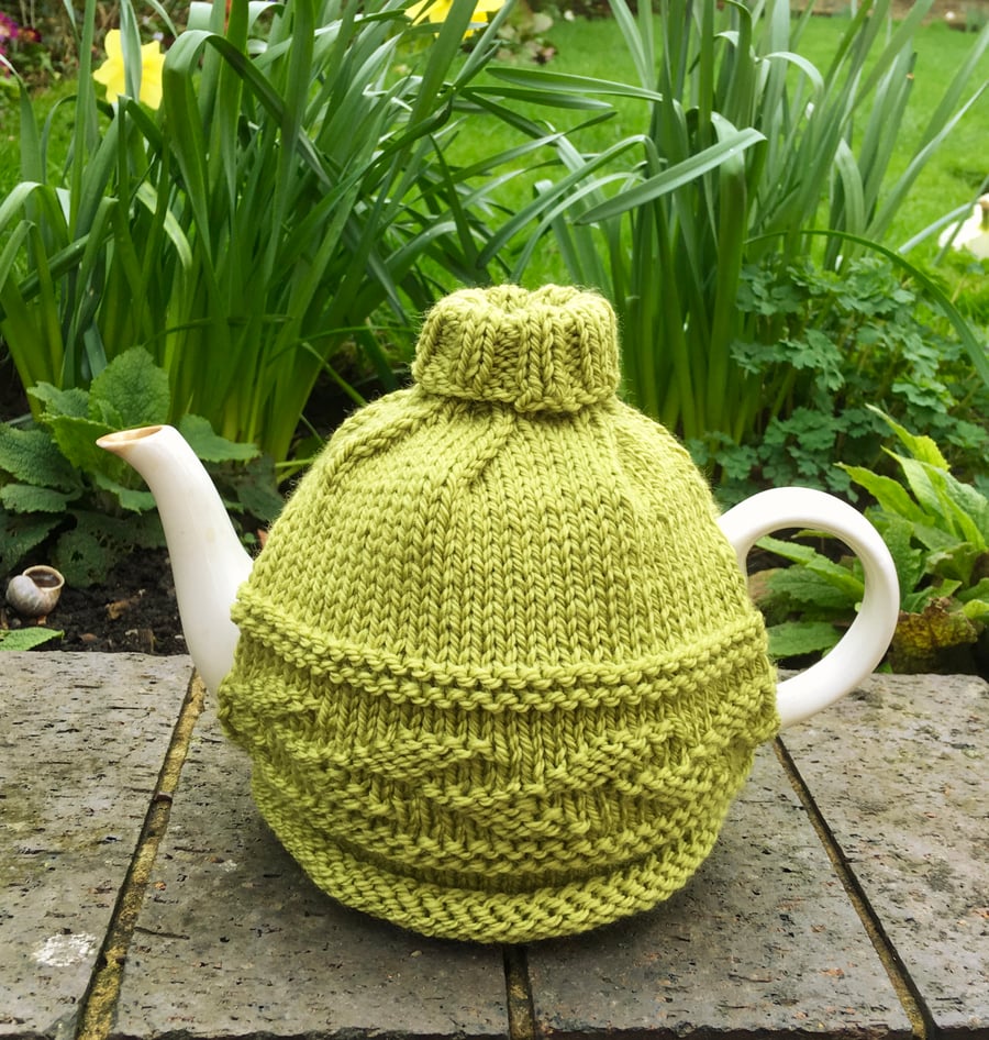 Spring Green Merino Tea Cosy with Leaf Pattern and Roll Neck