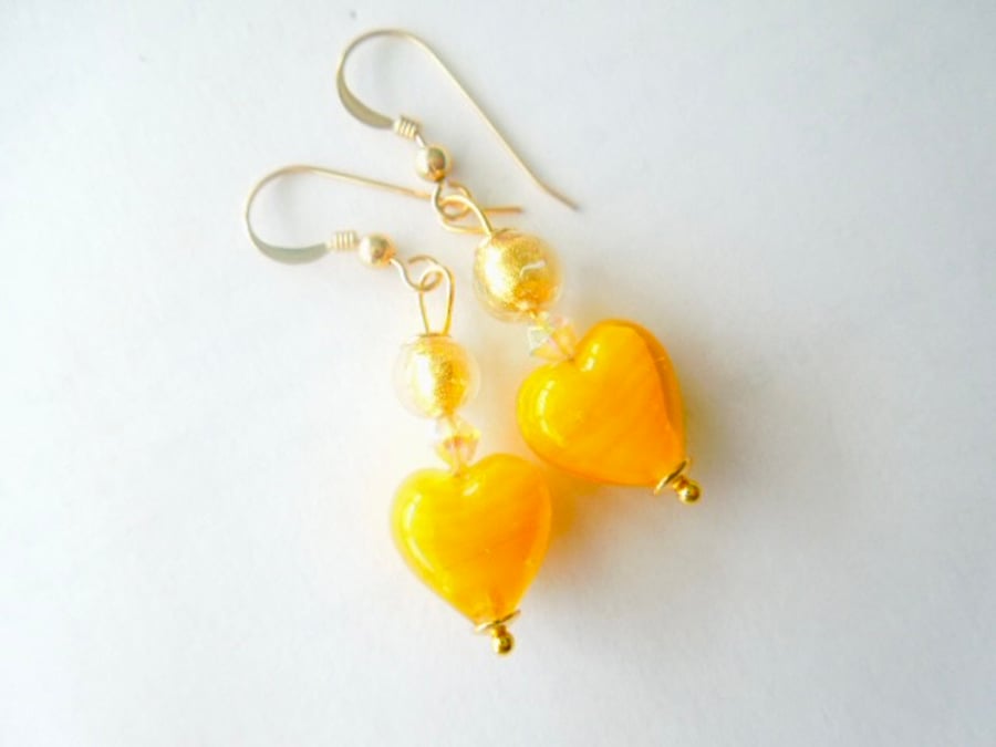 Murano glass yellow and gold heart earrings with Swarovski crystal.