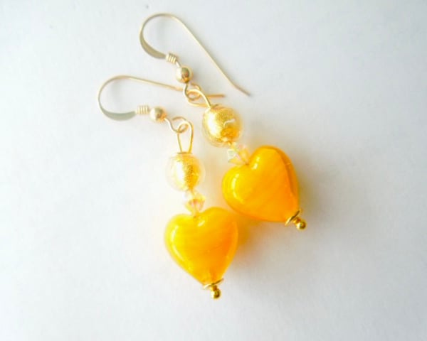 Murano glass yellow and gold heart earrings with Swarovski crystal.