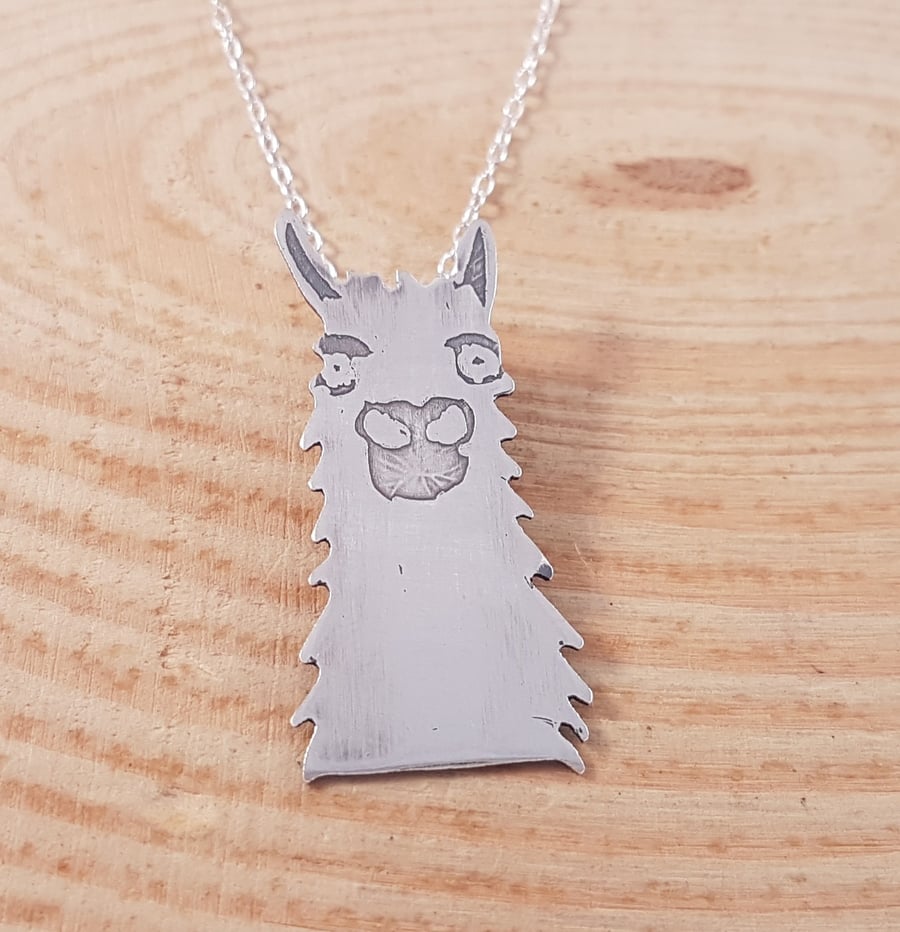 Sterling Silver Etched Llama Head Necklace