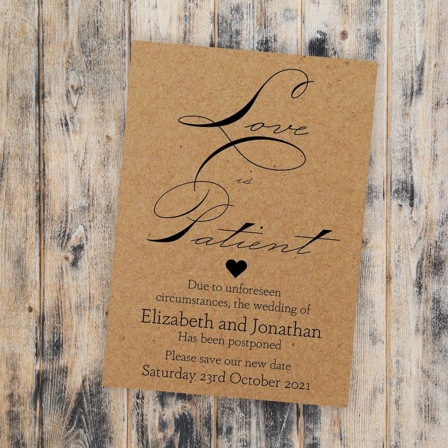 Pack of 10 Brown Kraft Cute Love Is Patient A6 Change of Date Wedding Cards