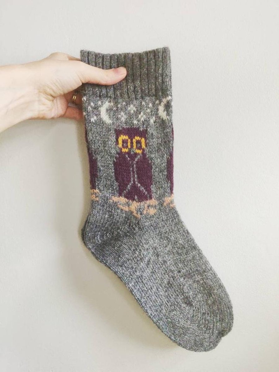 Knitted wool socks night owl moon grey purple fairisle colorwork nordic winter